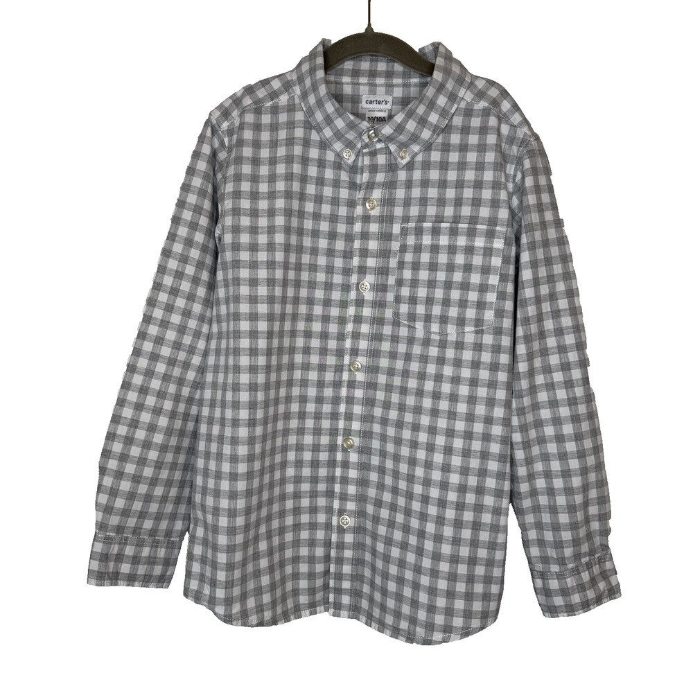 Carter’s Boys Button Down Long Sleeve Shirt Size 10 Gray And White Check